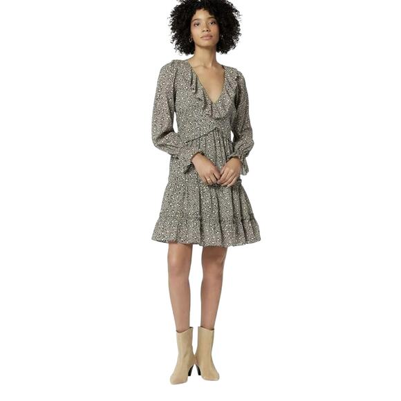 Joie NWT Adanson V-Neck Floral Long Sleeve Mini in Caviar Bleached Sand Size 8 - Picture 1 of 8